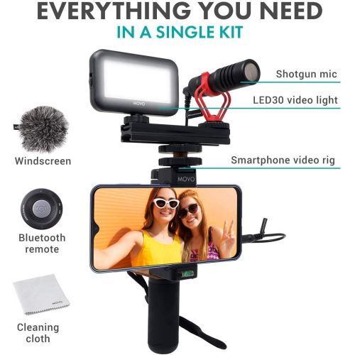  Movo Smartphone Video Kit V1 with Grip Rig, Shotgun Microphone, LED Light & Wireless Remote - for iPhone 5, 5C, 5S, 6, 6S, 7, 8, X, XS, XS Max, Samsung Galaxy, Note & More