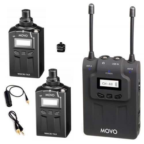  Movo WMIC80 UHF Wireless XLR Microphone System with 2 Plug-in XLR Transmitters, Portable Receiver, Shoe Mount for DSLR Cameras (330 Range)