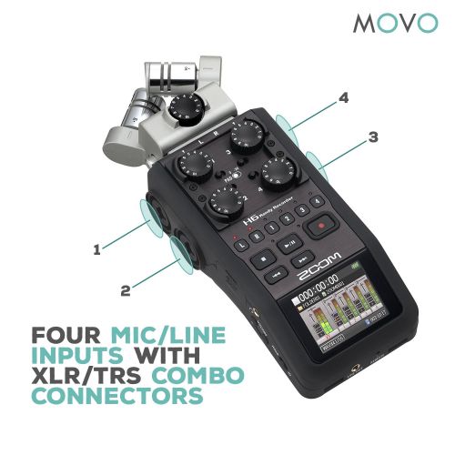  Zoom H6 Six-Track Portable Handy Recorder Bundle with Movo Omnidirectional and Cardioid XLR Lavalier Microphones