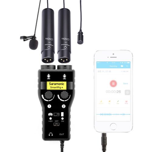  Movo Dual XLR Lavalier Condenser Microphone Bundle with Saramonic 2-Channel Pre-AmpMixer for DSLR Camera, iPhone, iPad, iPod, and Android Smartphones