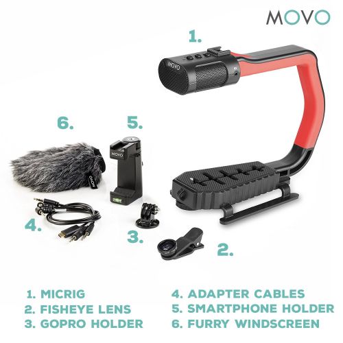  Movo MicRig Extreme Sport Edition - Video Grip Handle with Integrated Stereo Microphone, Windscreen, Fisheye Lens for iPhone 5, 5C, 5S, 6, 6S, 7, 8, X, XS, XS Max, Samsung Galaxy,