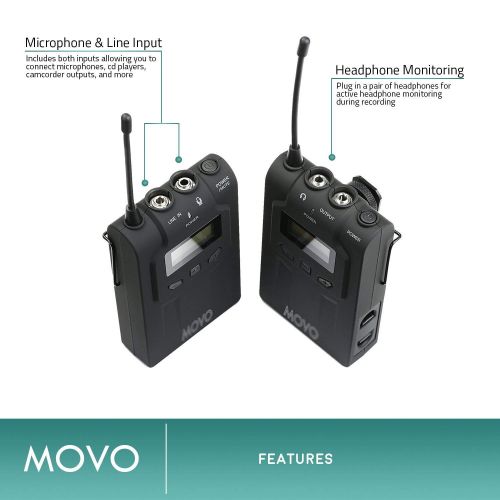  Movo Wireless UHF Lavalier Microphone System Compatible with Canon EOS 80D, 77D, 70D, 60D, 7D, 7D Mark II, 6D, 5DS, R, 5D, 5D Mark IV, 1D, Digital Rebel SL1, T7i, T6s, T6i, T5i, T4
