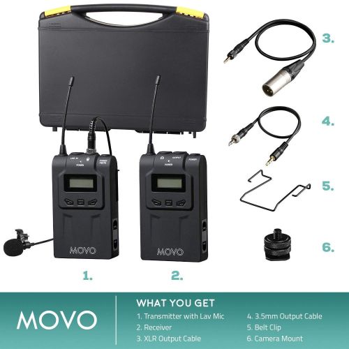  Movo Wireless UHF Lavalier Microphone System Compatible with Canon EOS 80D, 77D, 70D, 60D, 7D, 7D Mark II, 6D, 5DS, R, 5D, 5D Mark IV, 1D, Digital Rebel SL1, T7i, T6s, T6i, T5i, T4