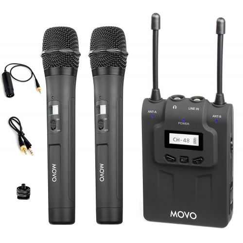  Movo WMIC80 UHF Wireless Handheld Microphone System with 2 Handheld Mics with intergrated Transmitters, Portable Receiver, Shoe Mount for DSLR Cameras (330 Range)