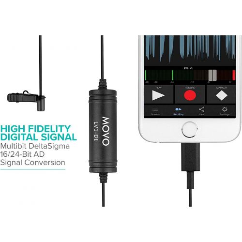  Movo LV1-DI Digital Lavalier Omnidirectional Clip-on Microphone with MFi Certified Lightning Connector Compatible with iPhone, iPad, iPod, iOS Smartphones & Tablets