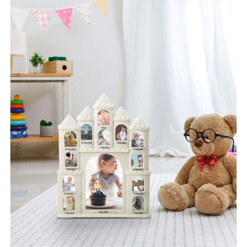  [아마존베스트]Mozlly White Fairy Tales Do Come True Castle Baby First Year Collage Photo Frame Glitter Finish 12 x 9.5 inch Nursery Room Decor for Little Prince & Princess 1 Month-1 Year Picture