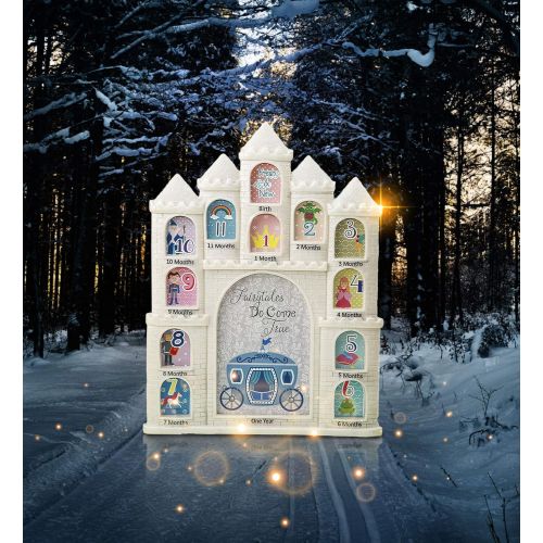  Mozlly White Fairy Tales Do Come True Castle Baby First Year Collage Photo Frame Glitter Finish 12 x 9.5 Inch Nursery Room Decor for Little Prince & Princess 1 Month-1 Year Picture