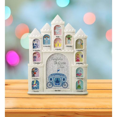  Mozlly White Fairy Tales Do Come True Castle Baby First Year Collage Photo Frame Glitter Finish 12 x 9.5 Inch Nursery Room Decor for Little Prince & Princess 1 Month-1 Year Picture