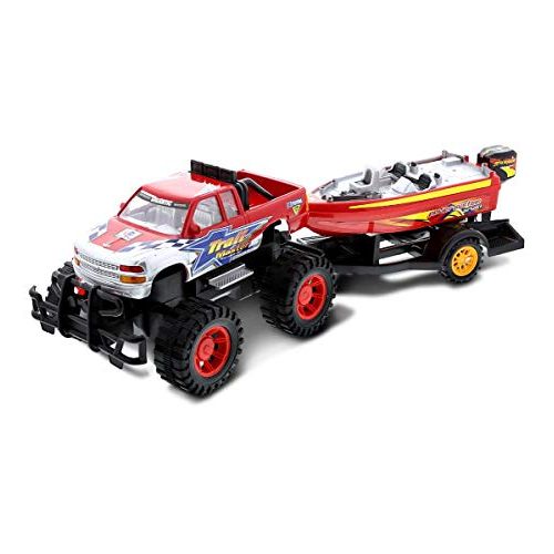  Mozlly Monster Truck Trailer & Speed Boat Friction Push Powered Hauler Play Set Outdoor Beach Sandbox Boy Toy Monster Truck Fun Toy Vehicle Adventure for Boys Kids Toddlers Red Or