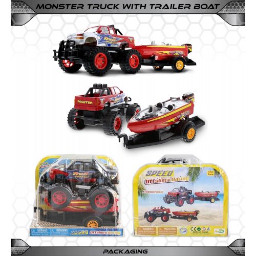  Mozlly Monster Truck Trailer & Speed Boat Friction Push Powered Hauler Play Set Outdoor Beach Sandbox Boy Toy Monster Truck Fun Toy Vehicle Adventure for Boys Kids Toddlers Red Or