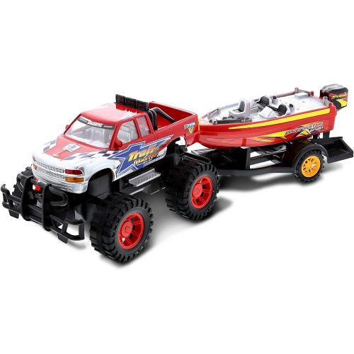  Mozlly Monster Truck Trailer & Speed Boat Friction Push Powered Hauler Play Set Outdoor Beach Sandbox Boy Toy Monster Truck Fun Toy Vehicle Adventure for Boys Kids Toddlers Red Or