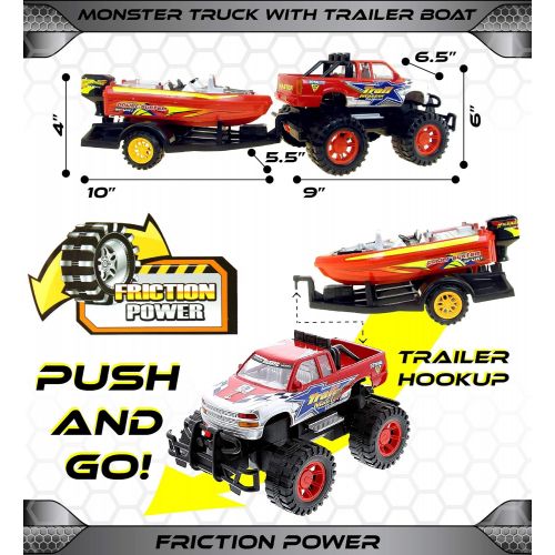  Mozlly Monster Truck Trailer & Speed Boat Friction Push Powered Hauler Play Set Outdoor Beach Sandbox Boy Toy Monster Truck Fun Toy Vehicle Adventure for Boys Kids Toddlers Red Or