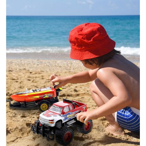  Mozlly Monster Truck Trailer & Speed Boat Friction Push Powered Hauler Play Set Outdoor Beach Sandbox Boy Toy Monster Truck Fun Toy Vehicle Adventure for Boys Kids Toddlers Red Or