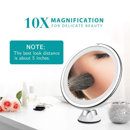  Mpow 10X Magnifying Mirror, 16 LED Lighted Makeup Mirror, 360 Rotation Bathroom Vanity Mirror with Strong Suction Cup, Natural Day Light, Portable & Cordless Bathroom Mirror, Table