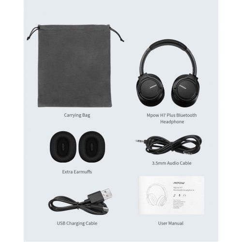  [아마존핫딜][아마존 핫딜] Mpow H7 Plus Bass Bluetooth Headphone Over Ear, 18hrs Playtime Comfortable Wireless Headphones, Replaceable Earmuffs, Rechargeable CVC6.0 Bluetooth Headset with Mic for Cellphone/T