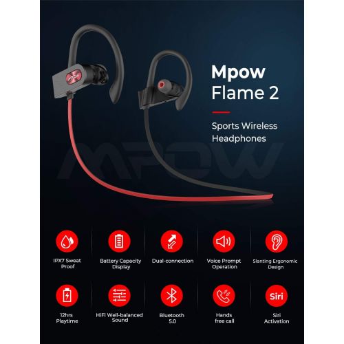  [아마존 핫딜] Mpow FLAME2 Bluetooth Headphones Sport, 12Hrs & Bluetooth 5.0 Wireless Sport Earphones, IPX7 Waterproof Running Headphones W/CVC 6.0 Noise Cancelling Mic, Bluetooth Earphones w/Com