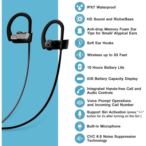  [아마존베스트]Mpow D7 Bluetooth Headphones Sport, 10H Playtime & IPX7 Waterproof Wireless Headphones Sport Earbuds W/Bass Stereo Sound, Running Headphones Bluetooth Earphones W/CVC 6.0 Noise Can