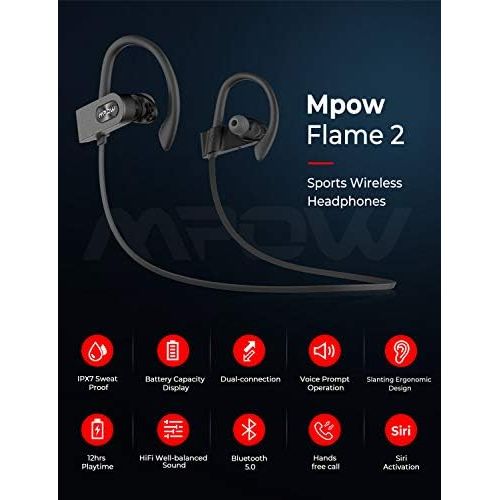  [아마존베스트]Mpow Flame2 Bluetooth Headphones Sport, 13Hrs & Bluetooth 5.0 Wireless Sport Earphones, IPX7 Waterproof Running Headphones w/CVC 6.0 Noise Cancelling Mic, Bluetooth Earphones w/Com