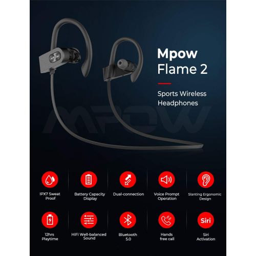  [아마존베스트]Mpow Flame2 Bluetooth Headphones Sport, 13Hrs & Bluetooth 5.0 Wireless Sport Earphones, IPX7 Waterproof Running Headphones w/CVC 6.0 Noise Cancelling Mic, Bluetooth Earphones w/Com