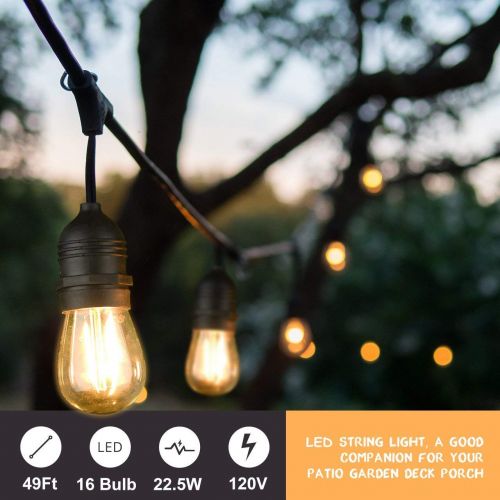  Mpow 49ft Led Outdoor String Lights, UL Listed IP65 Waterproof Dimmable Led String Lights, 15 Hanging Sockets, 1.5W Edison Vintage Bulb (1 Spare), Create Cafe Ambience for Patio Ba