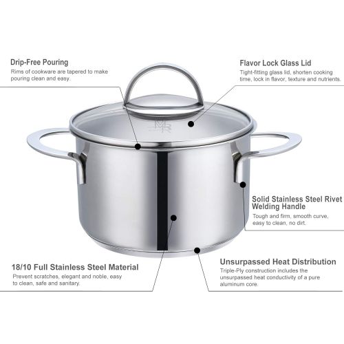  Mr Rudolf 3 Quart 18/10 Stainless Steel 2 Handle Stock Pot with Glass Lid Dishwasher Safe PFOA Free Stockpots Casserole 20cm 3 Liter Dutch Oven