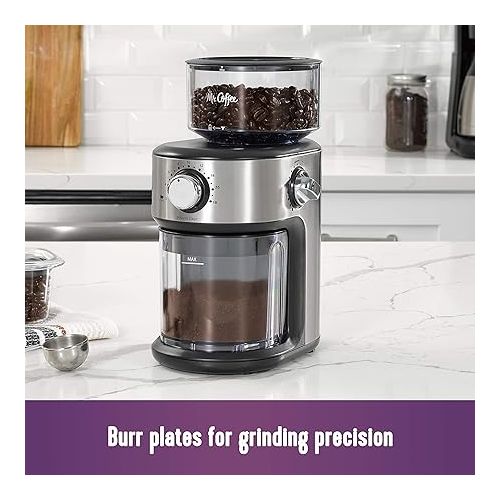  Mr. Coffee Burr Coffee Grinder, Automatic Grinder with 18 Presets for French Press, Drip Coffee, and Espresso, 18-Cup Capacity, Stainless Steel