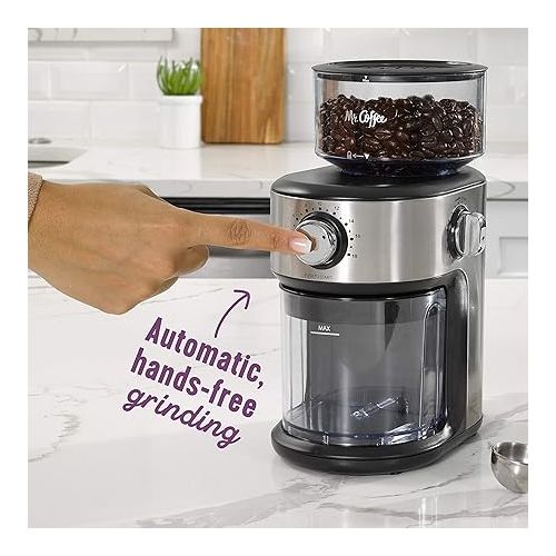  Mr. Coffee Burr Coffee Grinder, Automatic Grinder with 18 Presets for French Press, Drip Coffee, and Espresso, 18-Cup Capacity, Stainless Steel