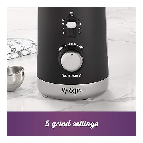  Mr. Coffee Automatic Coffee Grinder with 5 Presets, 12 Cup Capacity, Black - Ideal for Home Use and Espresso Lovers