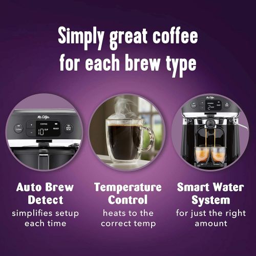  Mr. Coffee All-in-One Occasions Specialty Pods Coffee Maker, 10-Cup Thermal Carafe, and Espresso with Milk Frother and Storage Tray, Black