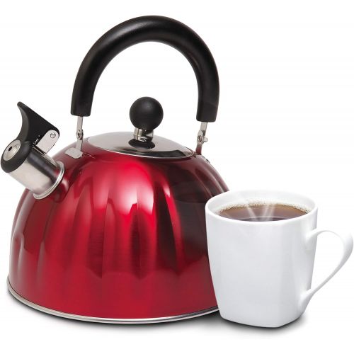  Mr. Coffee Twining 2.1 Quart Pumpkin Shaped Stainless Steel Whistling Tea Kettle, Metallic Red