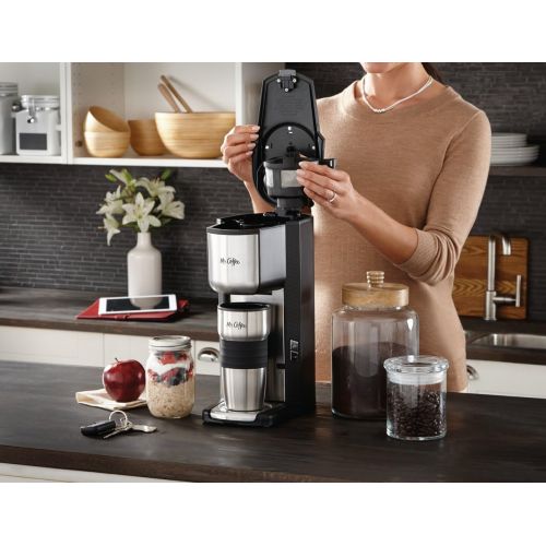  Mr. Coffee Single Cup Coffee Maker with Travel Mug and Built-In Grinder