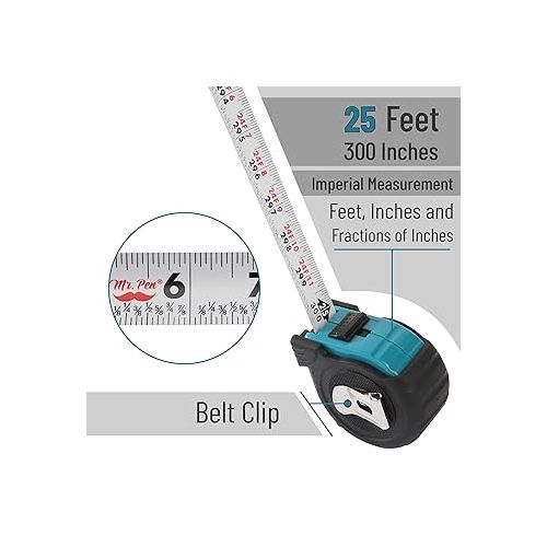  Mr. Pen- Tape Measure, 25-Foot, Steel Measuring Tape, Retractable Measuring Tape, Tape Measure with Fractions, Easy Read Tape Measure, Tape Measure 25 ft, Steel Tape Measure, Blue/Black