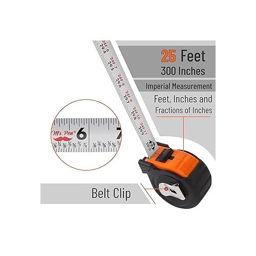  Mr. Pen- Tape Measure, 25-Foot, Steel Measuring Tape, Retractable Measuring Tape, Tape Measure with Fractions, Easy Read Tape Measure, Tape Measure 25 ft, Steel Tape Measure, Orange/Black