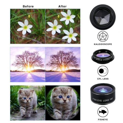  MrRong 7-in-1 mobile phone camera lens kit 0.63x wide angle + 15x macro + 198° fisheye + 2x telephoto + CPL filter + kaleidoscope + star compatible universal smartphone and tablet, Samsun