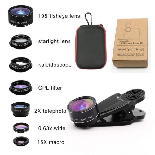  MrRong 7-in-1 mobile phone camera lens kit 0.63x wide angle + 15x macro + 198° fisheye + 2x telephoto + CPL filter + kaleidoscope + star compatible universal smartphone and tablet, Samsun