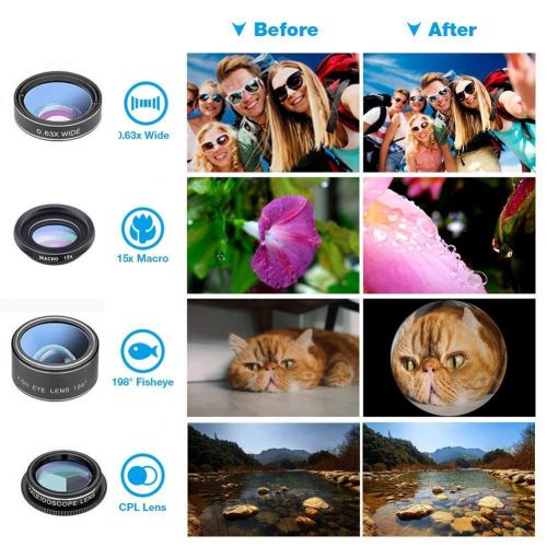  MrRong 10-in-1 Mobile Phone Camera Configuration Wide Angle 0.63 Times + Macro 15 Times + 198 ° fisheye + 2 Times telephoto + CPL Filter, Compatible with All Smartphones, Samsung,