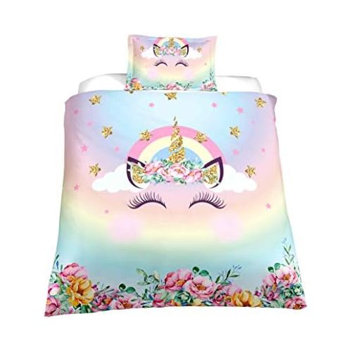  [아마존베스트]Mrbay Unicorn Duvet Cover Sets,Lovely Face Unicorn Kids Bedding Sets,Twin Size,1 Duvet Cover,1 Pillowcase(No Comforter Inside)