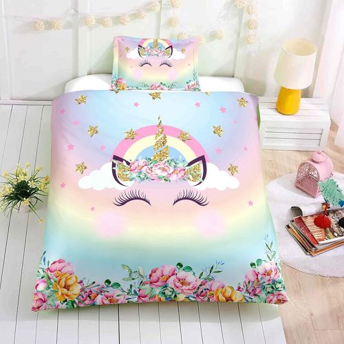  [아마존베스트]Mrbay Unicorn Duvet Cover Sets,Lovely Face Unicorn Kids Bedding Sets,Twin Size,1 Duvet Cover,1 Pillowcase(No Comforter Inside)