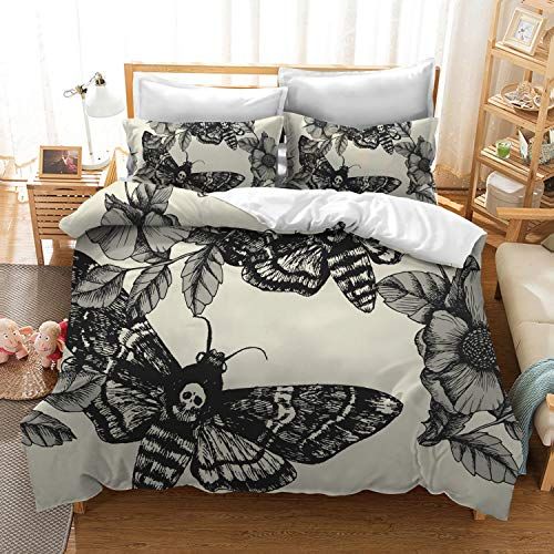  [아마존베스트]Mrbay Skull Bedding 3D Digital Printing Death Moth and Flower Cream 100% Brushed Microfiber Bedding 3pc Duvet Cover Sets Queen Size