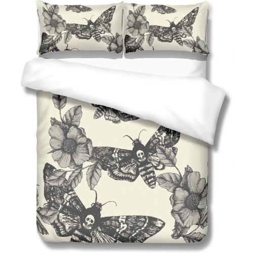  [아마존베스트]Mrbay Skull Bedding 3D Digital Printing Death Moth and Flower Cream 100% Brushed Microfiber Bedding 3pc Duvet Cover Sets Queen Size