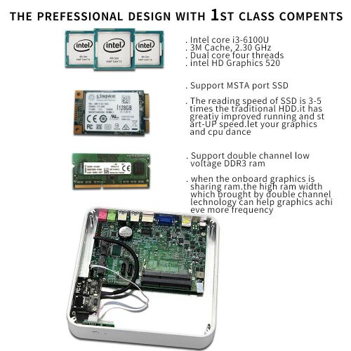  Msecore Low Power Fanless Mini PC Desktop Computer With Intel Core i3-6100U 2.3Ghz Single 4GB DDR3 RAM 128GB mSATA SSD Unit