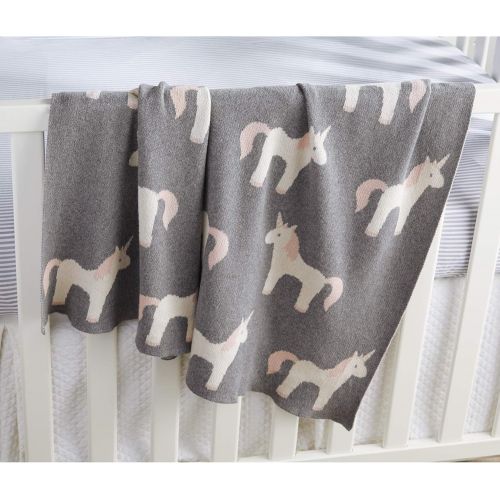  Mud Pie Soft Cotton Nursery Decor Unicorn Blanket, Grey