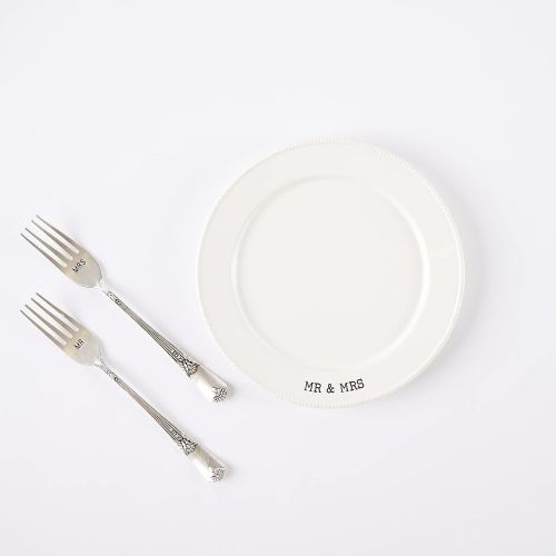  Mud Pie Plate & Fork Set MRS. Plate, Fork, White