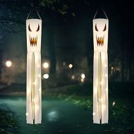 Mudder 2 Pieces 40 Inch Halloween Ghost Windsocks with LED Light Halloween Outdoor Hanging Decors Flag Scary Ghost Decoration Halloween Hanging Party Supplies for Front Yard Patio Garden