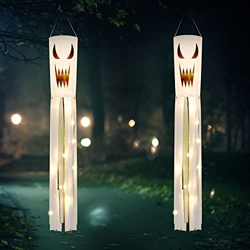  할로윈 용품Mudder 2 Pieces 40 Inch Halloween Ghost Windsocks with LED Light Halloween Outdoor Hanging Decors Flag Scary Ghost Decoration Halloween Hanging Party Supplies for Front Yard Patio Garden