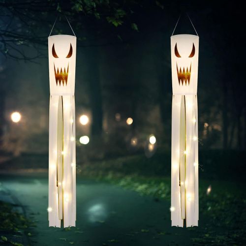  할로윈 용품Mudder 2 Pieces 40 Inch Halloween Ghost Windsocks with LED Light Halloween Outdoor Hanging Decors Flag Scary Ghost Decoration Halloween Hanging Party Supplies for Front Yard Patio Garden