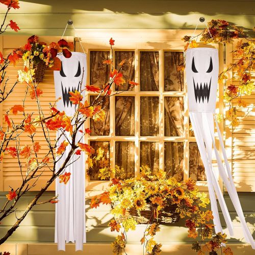  할로윈 용품Mudder 2 Pieces 40 Inch Halloween Ghost Windsocks with LED Light Halloween Outdoor Hanging Decors Flag Scary Ghost Decoration Halloween Hanging Party Supplies for Front Yard Patio Garden