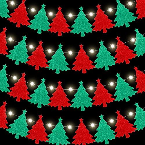  Mudder Christmas Trees Banner and 9.84 Feet Warm White Copper Wire Lamp Combination Christmas Bunting Garland Hanging Flag and LED Copper Wire Light for Home Office Party Fireplace Mantel