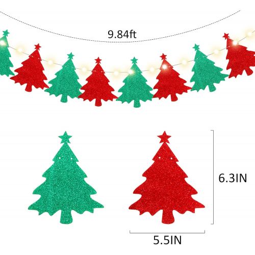  Mudder Christmas Trees Banner and 9.84 Feet Warm White Copper Wire Lamp Combination Christmas Bunting Garland Hanging Flag and LED Copper Wire Light for Home Office Party Fireplace Mantel
