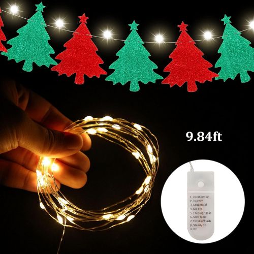 Mudder Christmas Trees Banner and 9.84 Feet Warm White Copper Wire Lamp Combination Christmas Bunting Garland Hanging Flag and LED Copper Wire Light for Home Office Party Fireplace Mantel